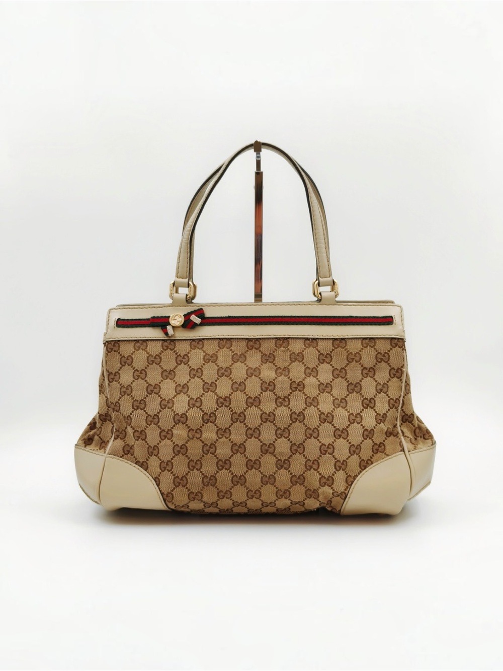 Gucci GG Canvas Web Bow Tote Bag Beige Ivory Leather Handbag Italy